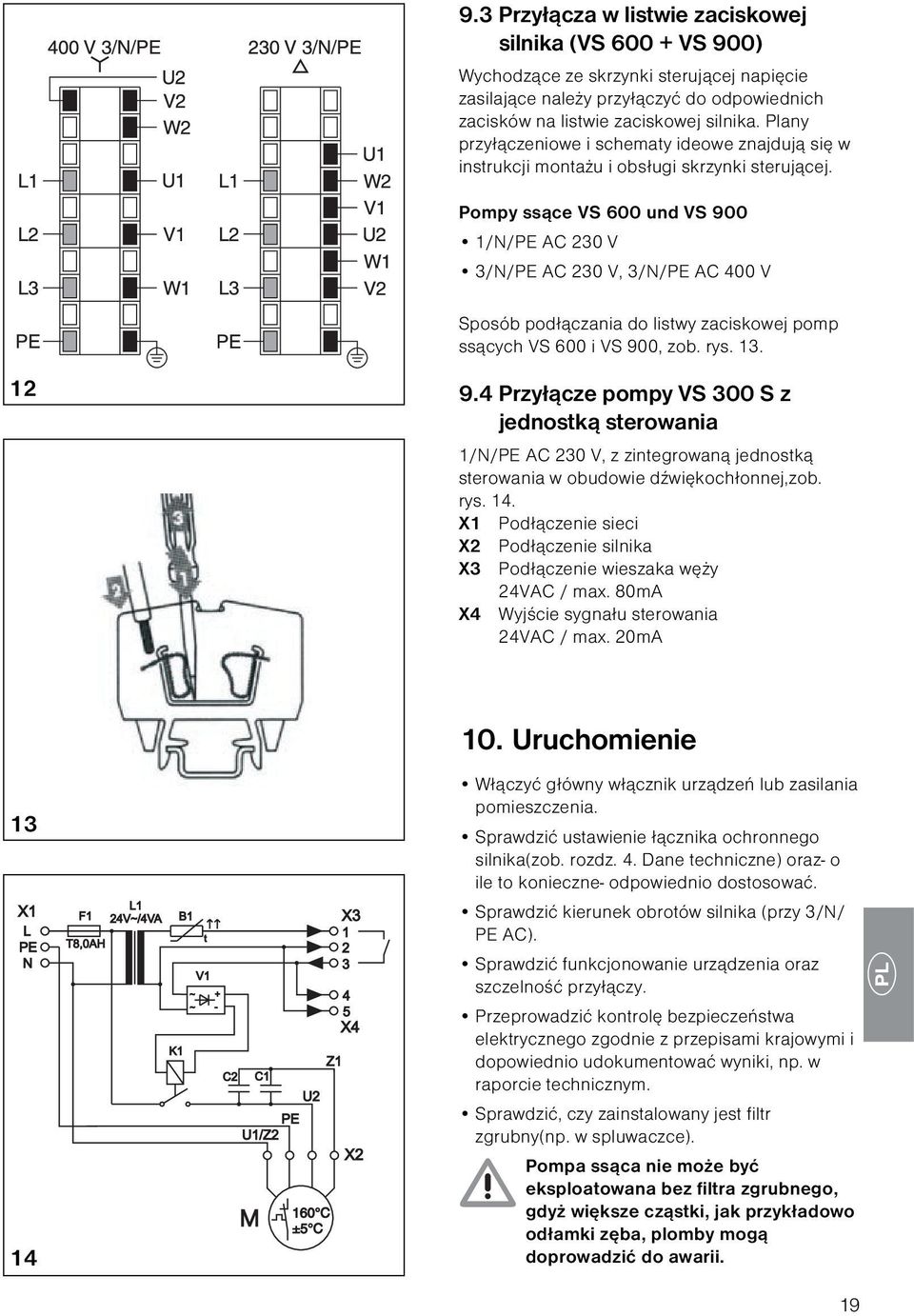 Pompy ssące VS 600 und VS 900 1/N/PE AC 230 V 3/N/PE AC 230 V, 3/N/PE AC 400 V Sposób podłączania do listwy zaciskowej pomp ssących VS 600 i VS 900, zob. rys. 13. 12 9.