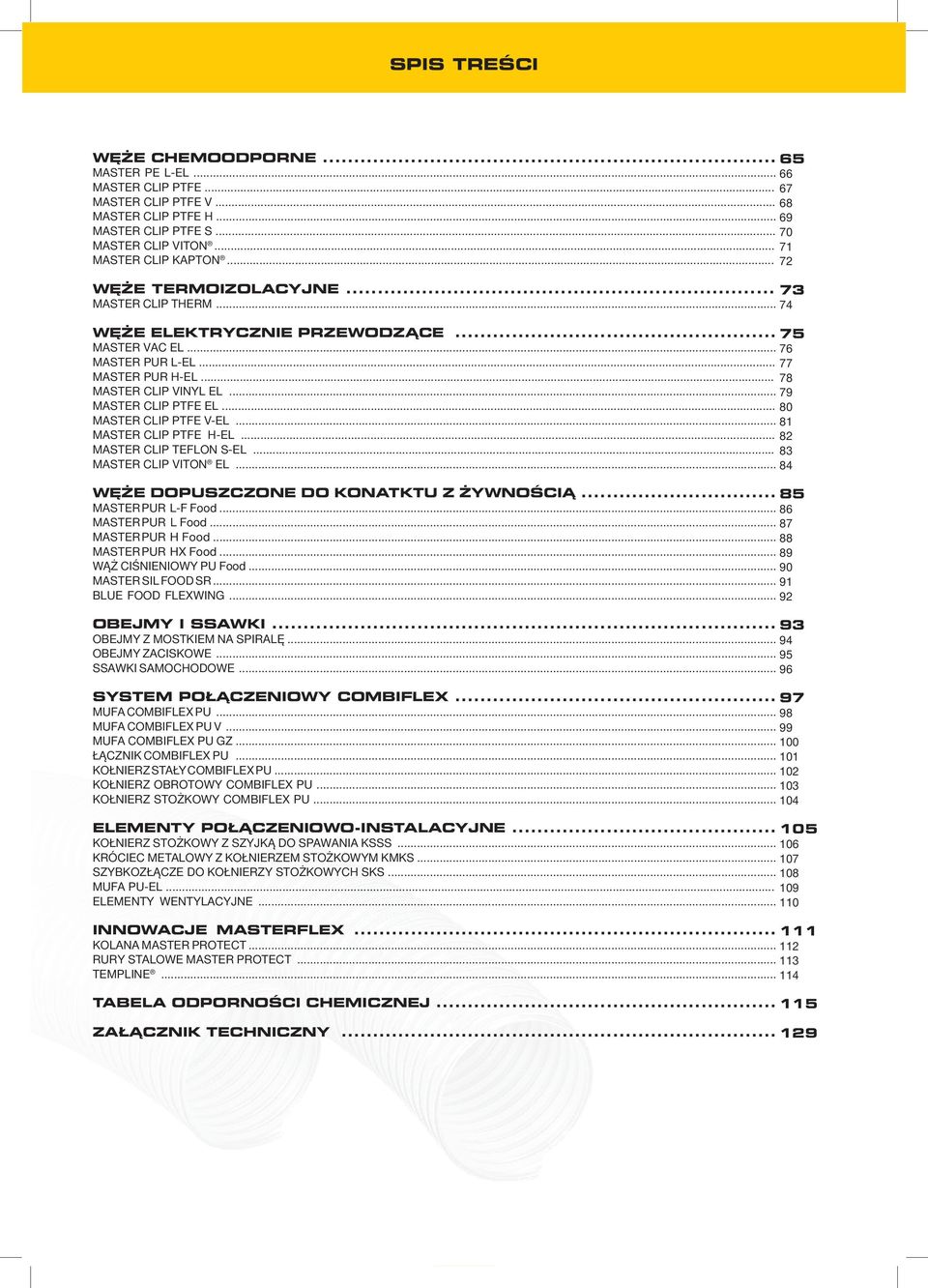 .. 79 MASTER CLIP PTFE EL... 80 MASTER CLIP PTFE V-EL... 81 MASTER CLIP PTFE H-EL... 82 MASTER CLIP TEFLON S-EL... 83 MASTER CLIP VITON EL... 84 WĘŻE DOPUSZCZONE DO KONATKTU Z ŻYWNOŚCIĄ.