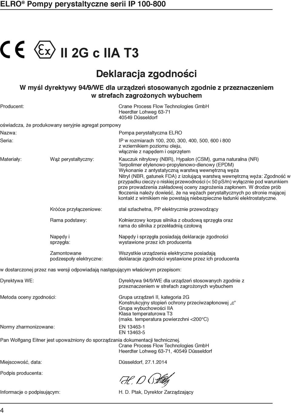 oleju, włącznie z napędem i osprzętem Materiały: Wąż perystaltyczny: Kauczuk nitrylowy (NBR), Hypalon (CSM), guma naturalna (NR) Terpolimer etylenowo-propylenowo-dienowy (EPDM) Wykonanie z