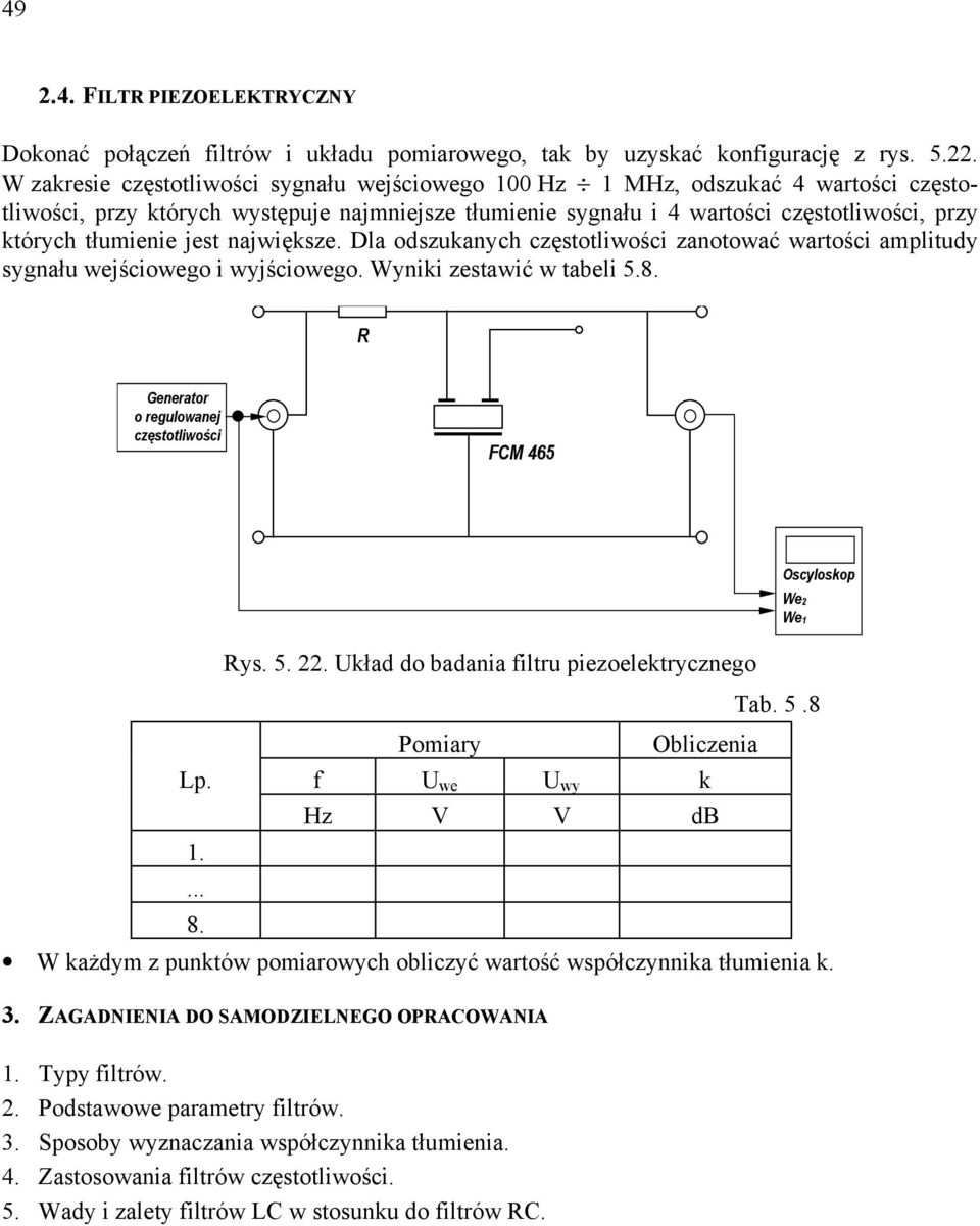jest największe. Dla odszukanych częstotliwości zanotować wartości amplitudy sygnału wejściowego i wyjściowego. Wyniki zestawić w tabeli 5.8.