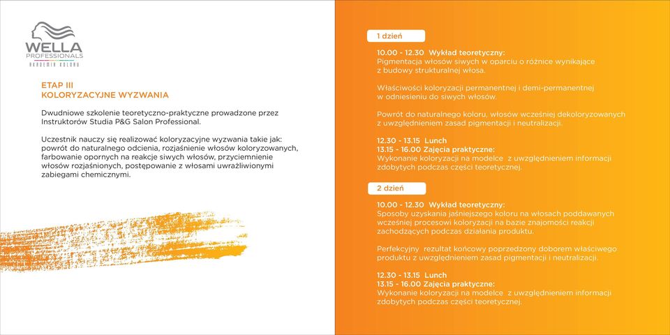 Uczestnik nauczy się realizować koloryzacyjne wyzwania takie jak: powrót do naturalnego odcienia, rozjaśnienie włosów koloryzowanych, farbowanie opornych na reakcje siwych włosów, przyciemnienie