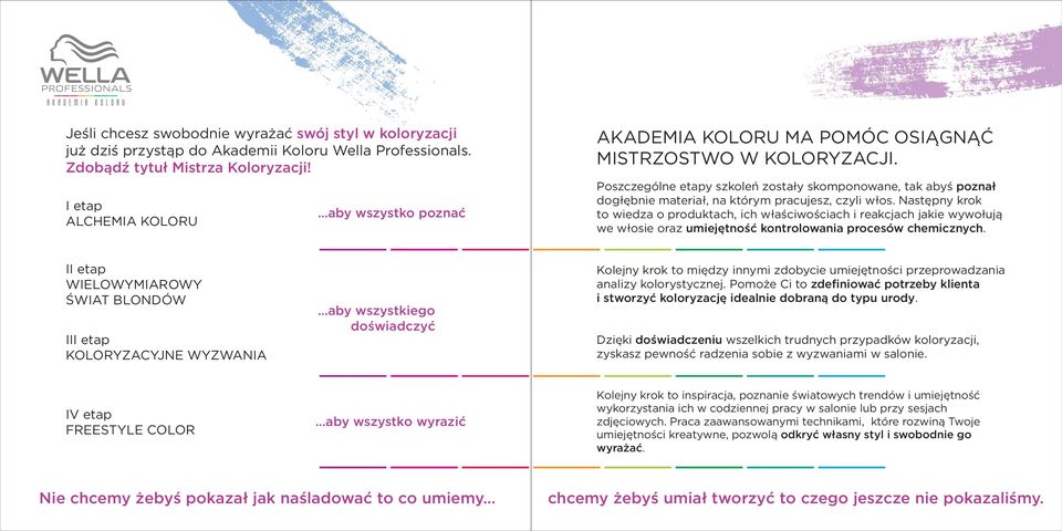 Poszczególne etapy szkoleń zostały skomponowane, tak abyś poznał dogłębnie materiał, na którym pracujesz, czyli włos.
