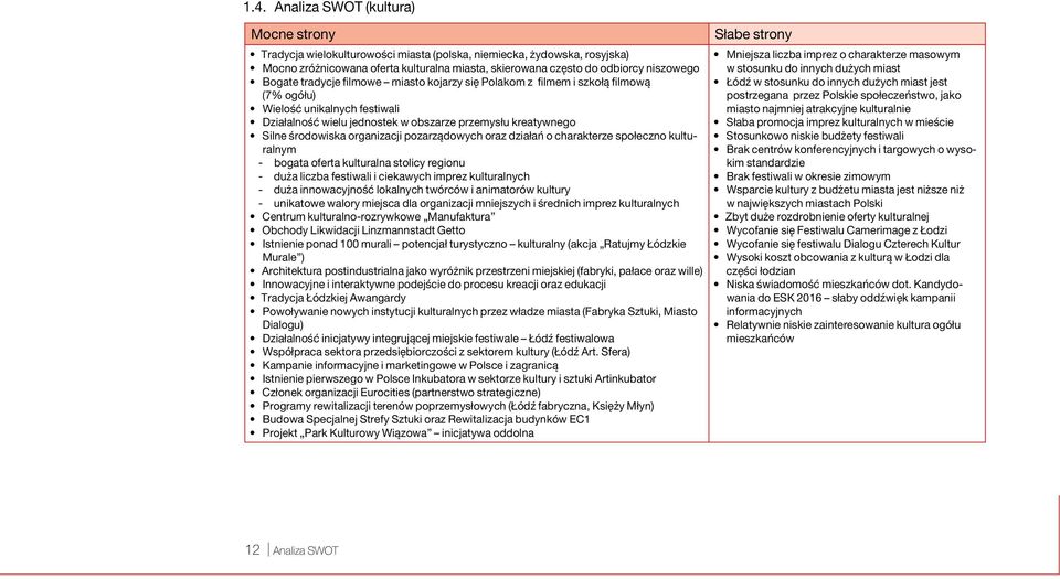 organizacji pozarządowych oraz działań o charakterze społeczno kulturalnym - bogata oferta kulturalna stolicy regionu - duża liczba festiwali i ciekawych imprez kulturalnych - duża innowacyjność