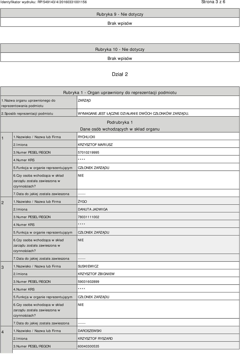 Nazwisko / Nazwa lub Firma RYCHLICKI Podrubryka 1 Dane osób wchodzących w skład organu KRZYSZTOF MARIUSZ 3.Numer PESEL/REGON 57010219995 2 1.