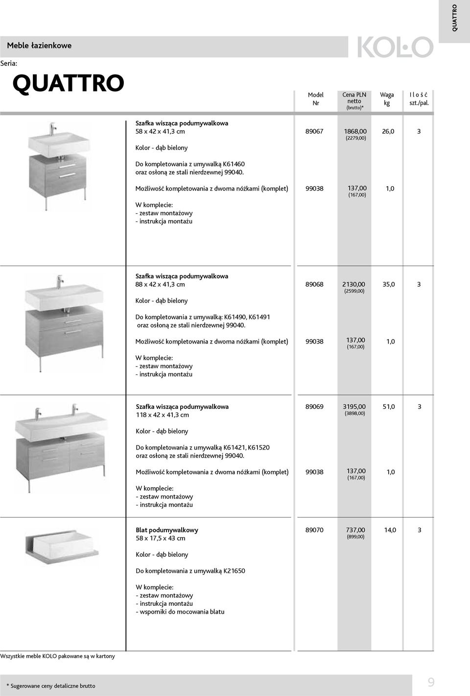 Możliwość kompletowania z dwoma nóżkami (komplet) zestaw montażowy instrukcja montażu 99038 137,00 (167,00) 1,0 Szafka wisząca podumywalkowa 88 x 42 x 41,3 cm Kolor dąb bielony 89068 2130,00