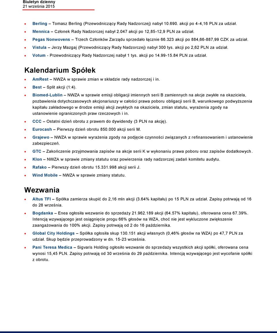 Votum - Przewodniczący Rady Nadzorczej nabył 1 tys. akcji po 14.99-15.84 PLN za udział. Kalendarium Spółek AmRest NWZA w sprawie zmian w składzie rady nadzorczej i in. Best Split akcji (1:4).