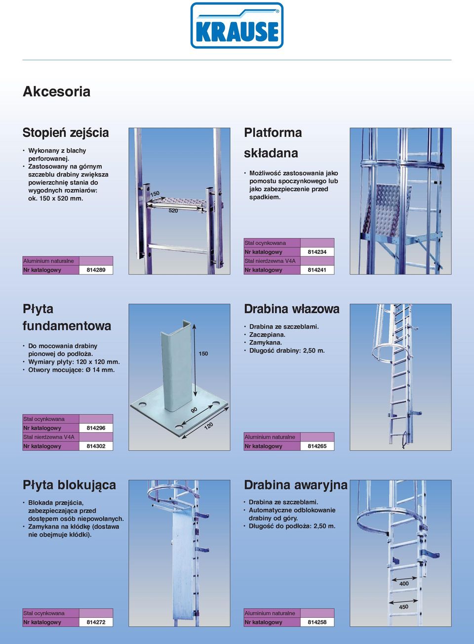 Wymiary płyty: 120 x 120 mm. Otwory mocujące: Ø 14 mm. 150 Drabina włazowa Drabina ze szczeblami. Zaczepiana. Zamykana. Długość drabiny: 2,50 m.