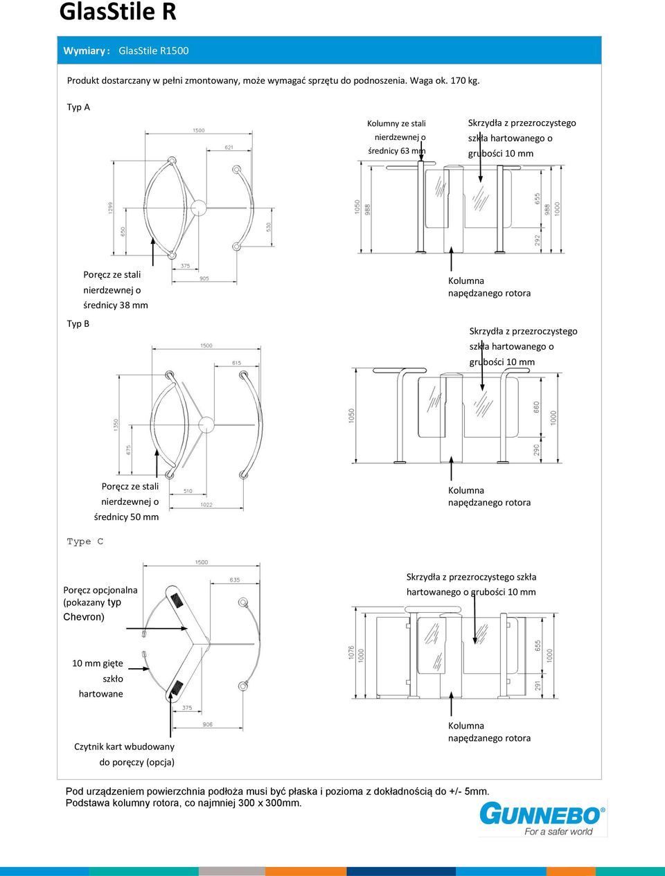 Chevron) szkła hartowanego o 10 mm gięte szkło hartowane Czytnik kart wbudowany do poręczy (opcja) Pod urządzeniem