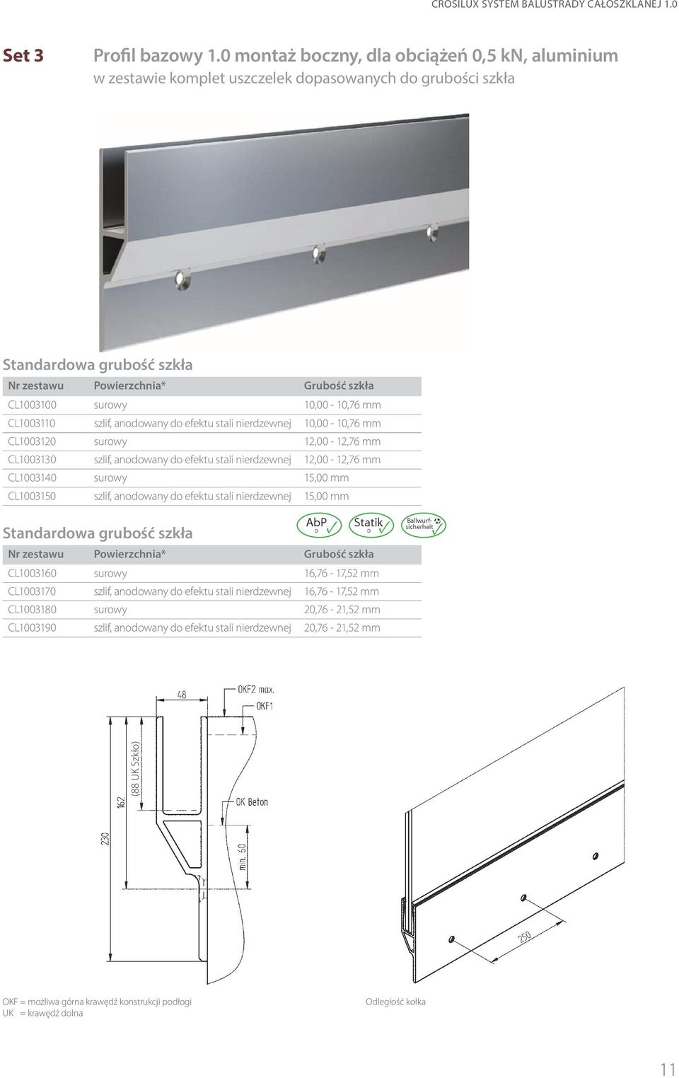 anodowany do efektu stali nierdzewnej 10,00-10,76 mm CL1003120 surowy 12,00-12,76 mm CL1003130 szlif, anodowany do efektu stali nierdzewnej 12,00-12,76 mm CL1003140 surowy 15,00 mm CL1003150 szlif,