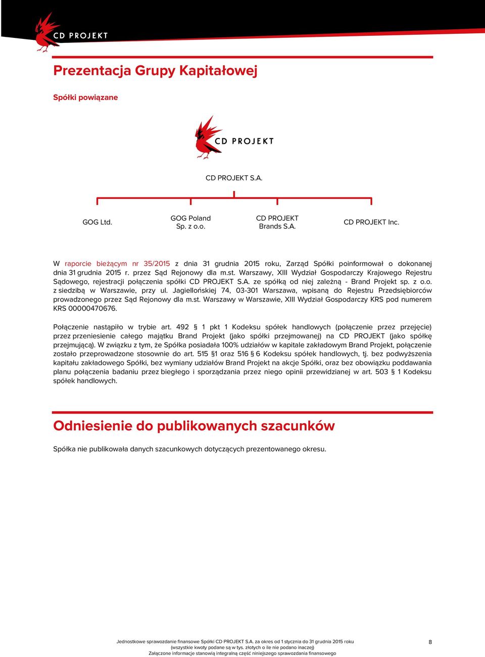 Warszawy, XIII Wydział Gospodarczy Krajowego Rejestru Sądowego, rejestracji połączenia spółki CD PROJEKT S.A. ze spółką od niej zależną - Brand Projekt sp. z o.o. z siedzibą w Warszawie, przy ul.
