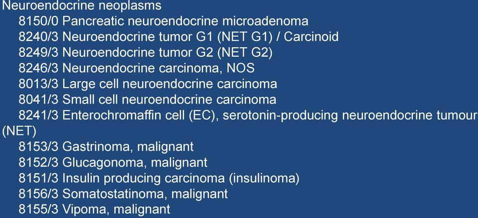 neuroendocrine carcinoma 8241/3 Enterochromaffin cell (EC), serotonin-producing neuroendocrine tumour (NET) 8153/3 Gastrinoma,