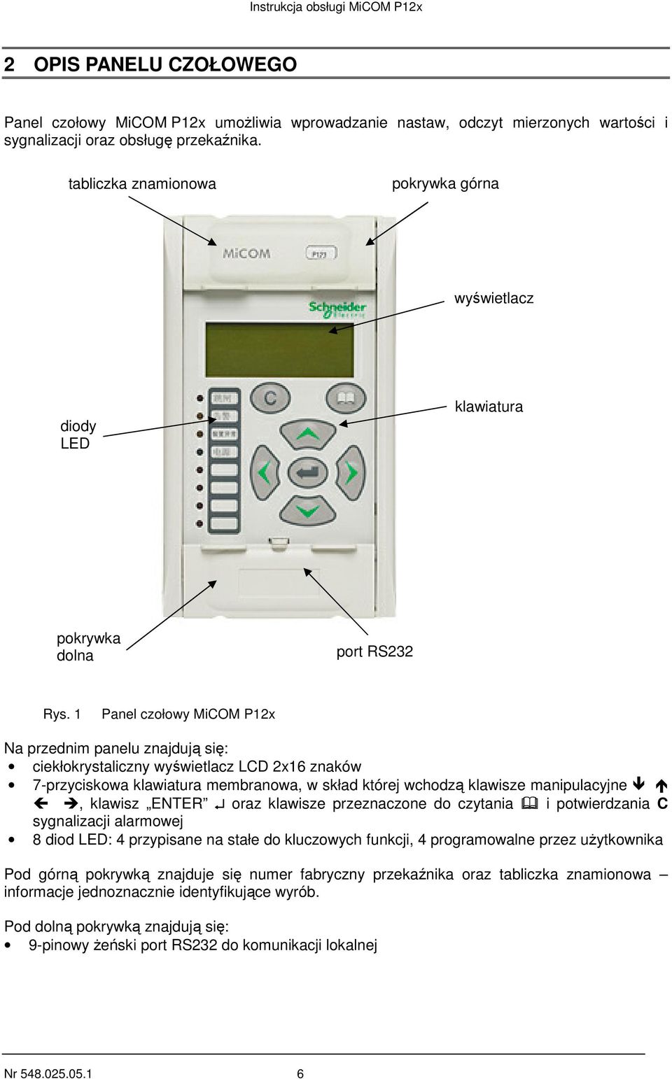 1 Panel czołowy MiCOM P12x Na przednim panelu znajdują się: ciekłokrystaliczny wyświetlacz LCD 2x16 znaków 7-przyciskowa klawiatura membranowa, w skład której wchodzą klawisze manipulacyjne, klawisz