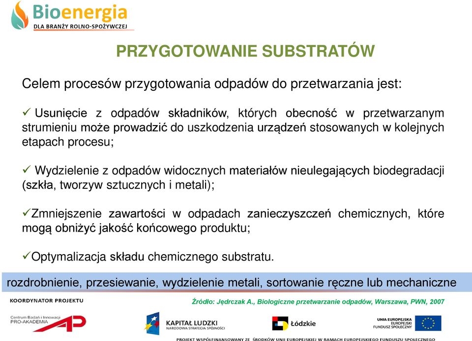 sztucznych i metali); Zmniejszenie zawartości w odpadach zanieczyszczeń chemicznych, które mogą obniżyć jakość końcowego produktu; Optymalizacja składu chemicznego