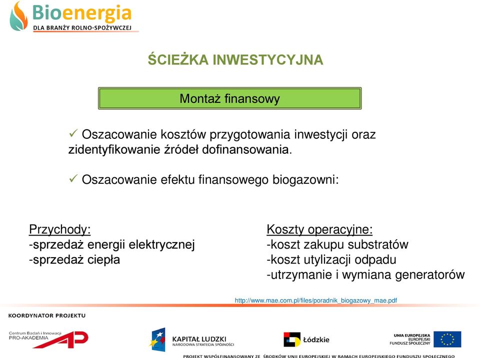 Oszacowanie efektu finansowego biogazowni: Przychody: -sprzedaż energii elektrycznej -sprzedaż
