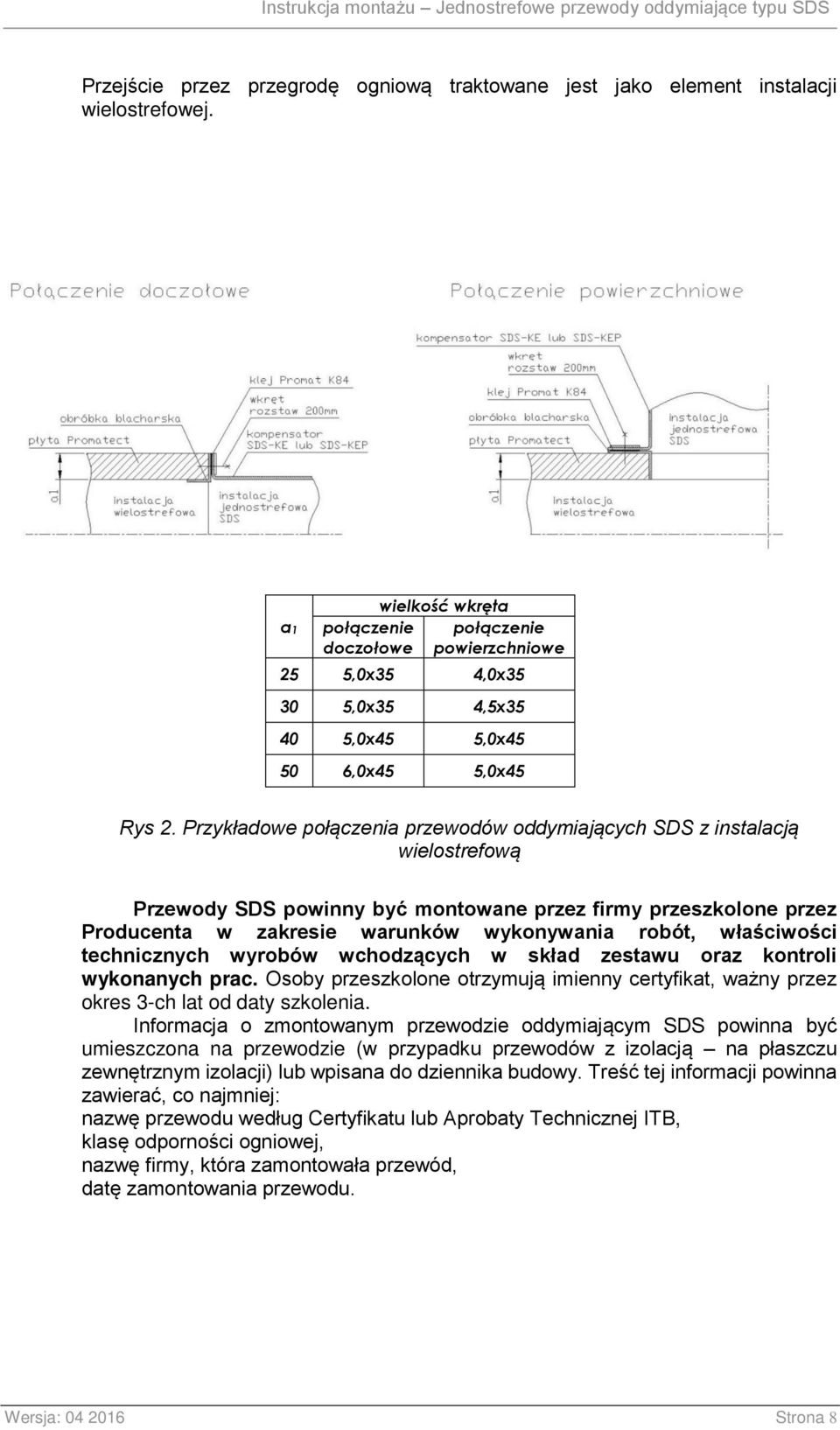 Przykładowe połączenia przewodów oddymiających SDS z instalacją wielostrefową Przewody SDS powinny być montowane przez firmy przeszkolone przez Producenta w zakresie warunków wykonywania robót,