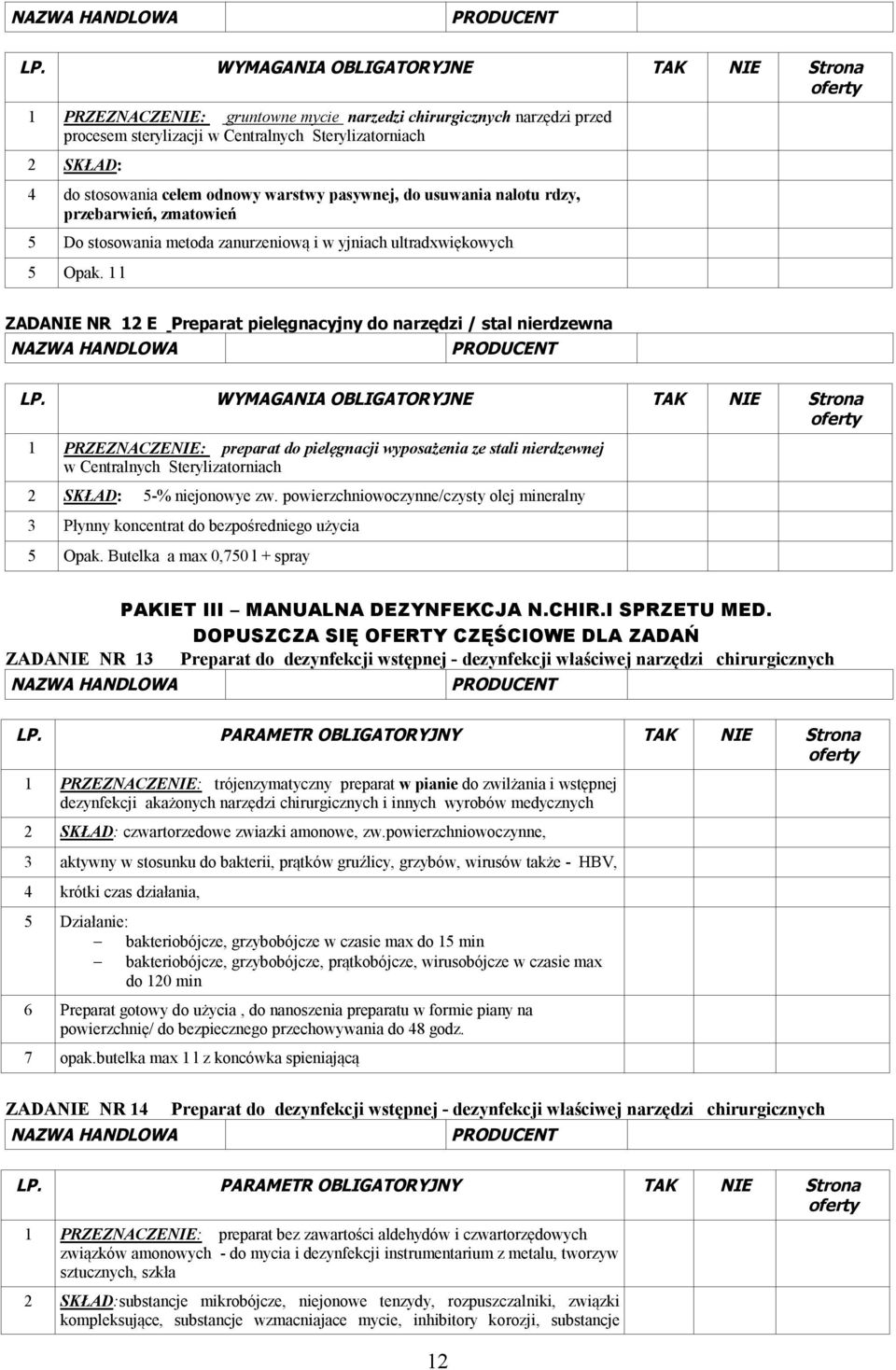 1 l ZADANIE NR 12 E Preparat pielęgnacyjny do narzędzi / stal nierdzewna 1 PRZEZNACZENIE: preparat do pielęgnacji wyposażenia ze stali nierdzewnej w Centralnych Sterylizatorniach 2 SKŁAD: 5-%