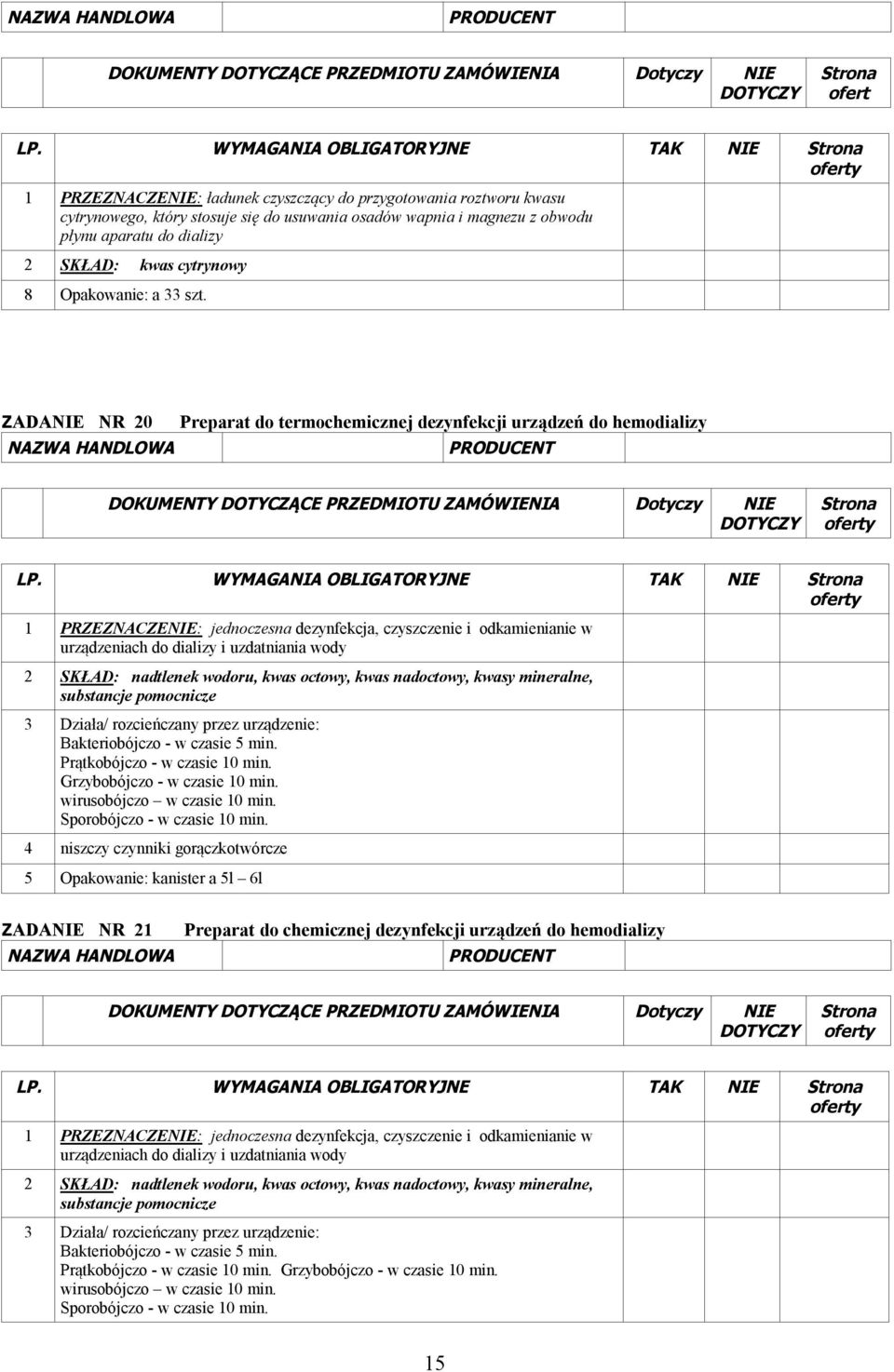 ZADANIE NR 20 Preparat do termochemicznej dezynfekcji urządzeń do hemodializy DOKUMENTY DOTYCZĄCE PRZEDMIOTU ZAMÓWIENIA Dotyczy NIE DOTYCZY Strona 1 PRZEZNACZENIE: jednoczesna dezynfekcja,