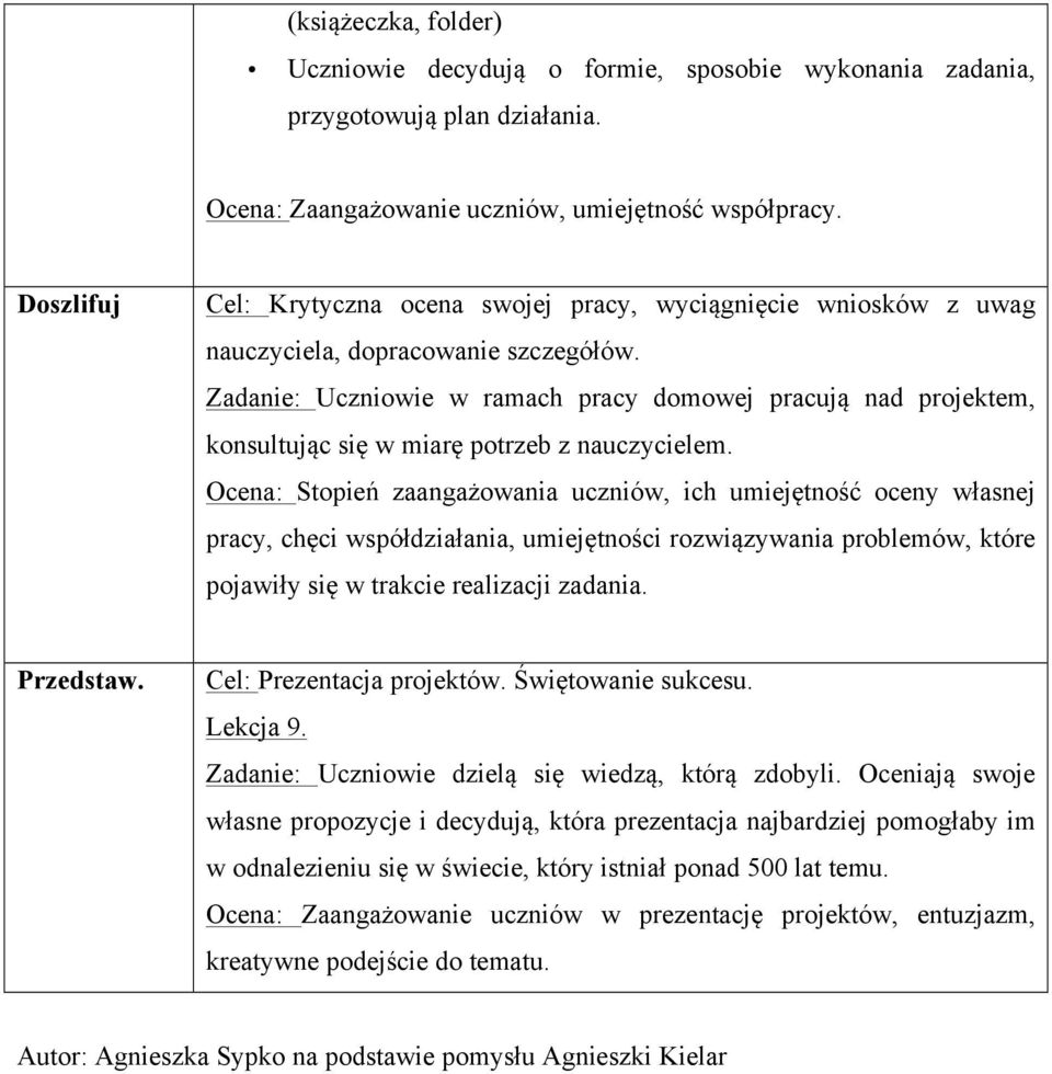 Zadanie: Uczniowie w ramach pracy domowej pracują nad projektem, konsultując się w miarę potrzeb z nauczycielem.