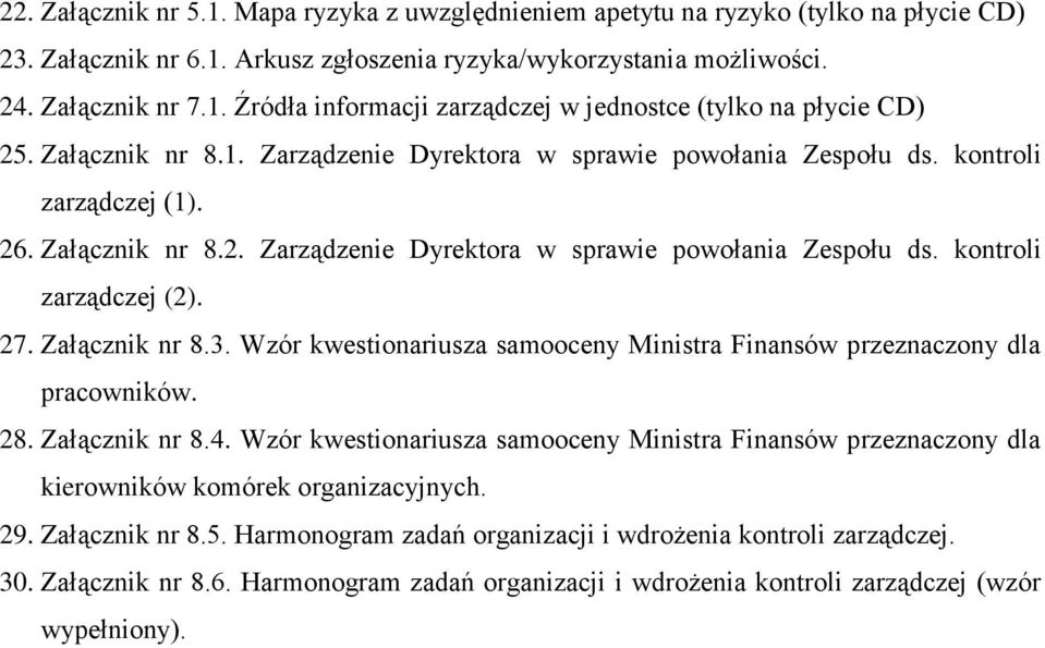 27. Załącznik nr 8.3. Wzór kwestionariusza samooceny Ministra Finansów przeznaczony dla pracowników. 28. Załącznik nr 8.4.