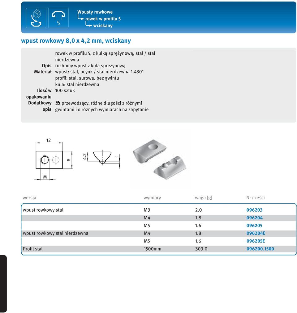 4301 profil: stal, surowa, bez gwintu kula: stal nierdzewna wpust rowkowy stal 3 2.0 096203 4 1.
