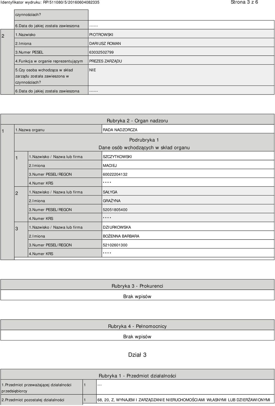 Nazwa organu RADA NADZORCZA Podrubryka 1 Dane osób wchodzących w skład organu 1 1.Nazwisko / Nazwa lub firma SZCZYTKOWSKI MACIEJ 3.Numer PESEL/REGON 60022204132 4.Numer KRS **** 2 1.