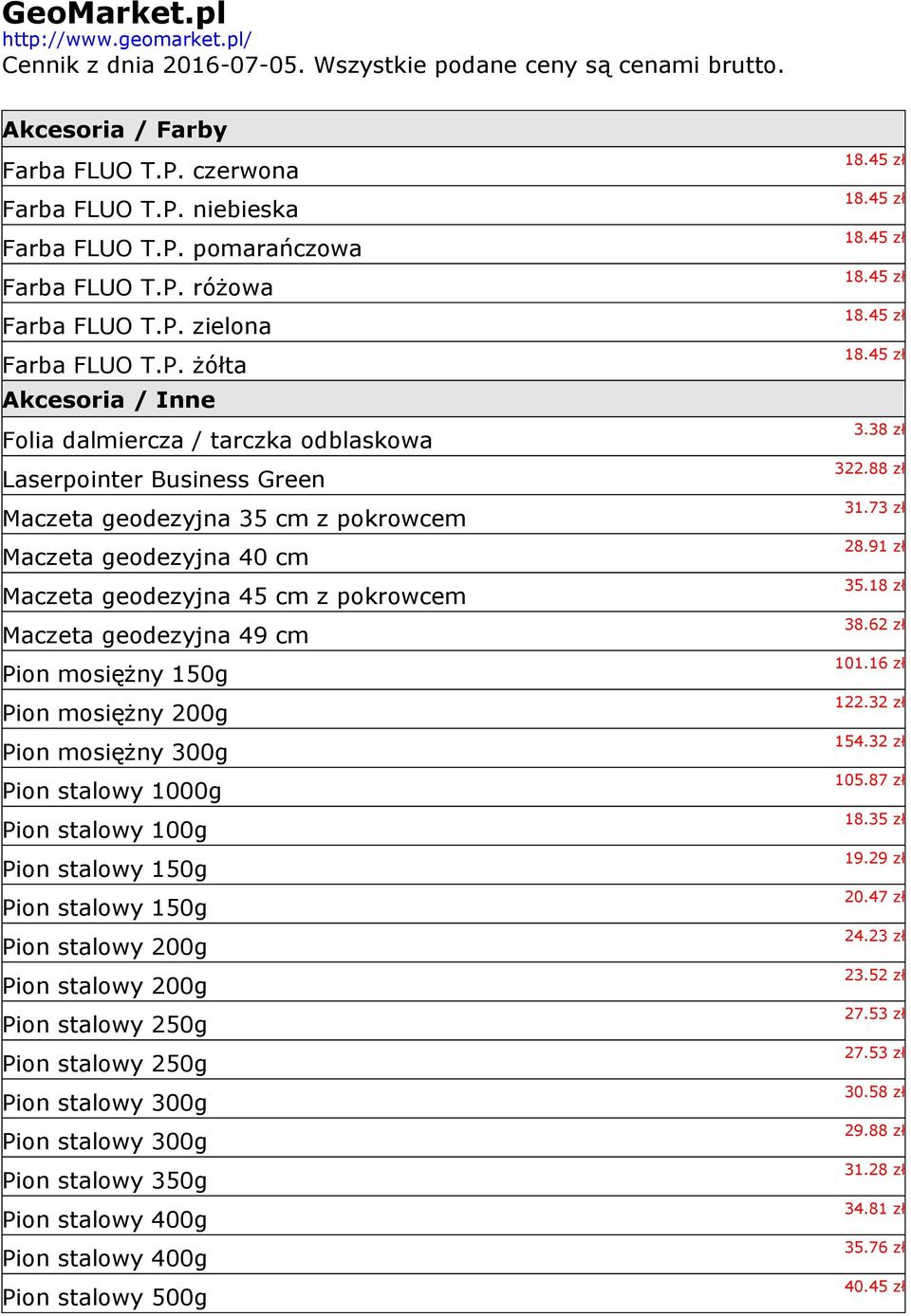 cm Maczeta geodezyjna 45 cm z pokrowcem Maczeta geodezyjna 49 cm Pion mosiężny 150g Pion mosiężny 200g Pion mosiężny 300g Pion stalowy 1000g Pion stalowy 100g Pion stalowy 150g Pion stalowy 150g Pion