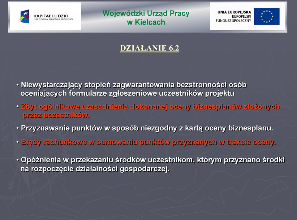 projektu Zbyt ogólnikowe uzasadnienia dokonanej oceny biznesplanów złożonych przez uczestników.