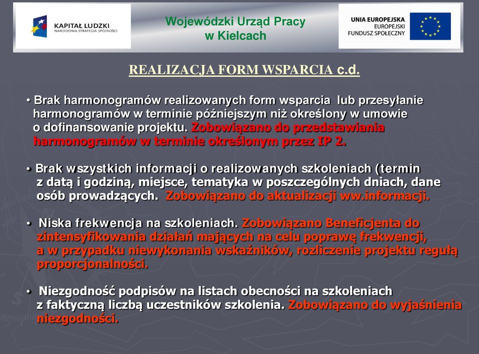 Brak wszystkich informacji o realizowanych szkoleniach (termin z datą i godziną, miejsce, tematyka w poszczególnych dniach, dane osób prowadzących. Zobowiązano do aktualizacji ww.informacji. Niska frekwencja na szkoleniach.