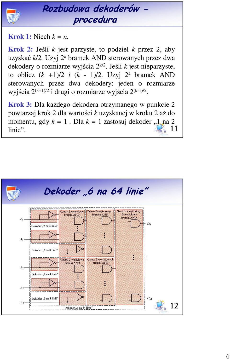 Użyj 2k bramek AND sterowanych przez dwa dekodery: jeden o rozmiarze wyjścia 2(k+)/2 i drugi o rozmiarze wyjścia 2(k-)/2.