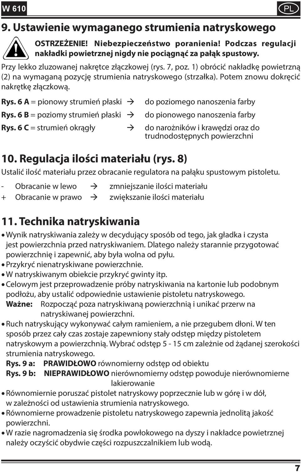 6 A = pionowy strumień płaski do poziomego nanoszenia farby Rys. 6 B = poziomy strumień płaski do pionowego nanoszenia farby Rys.