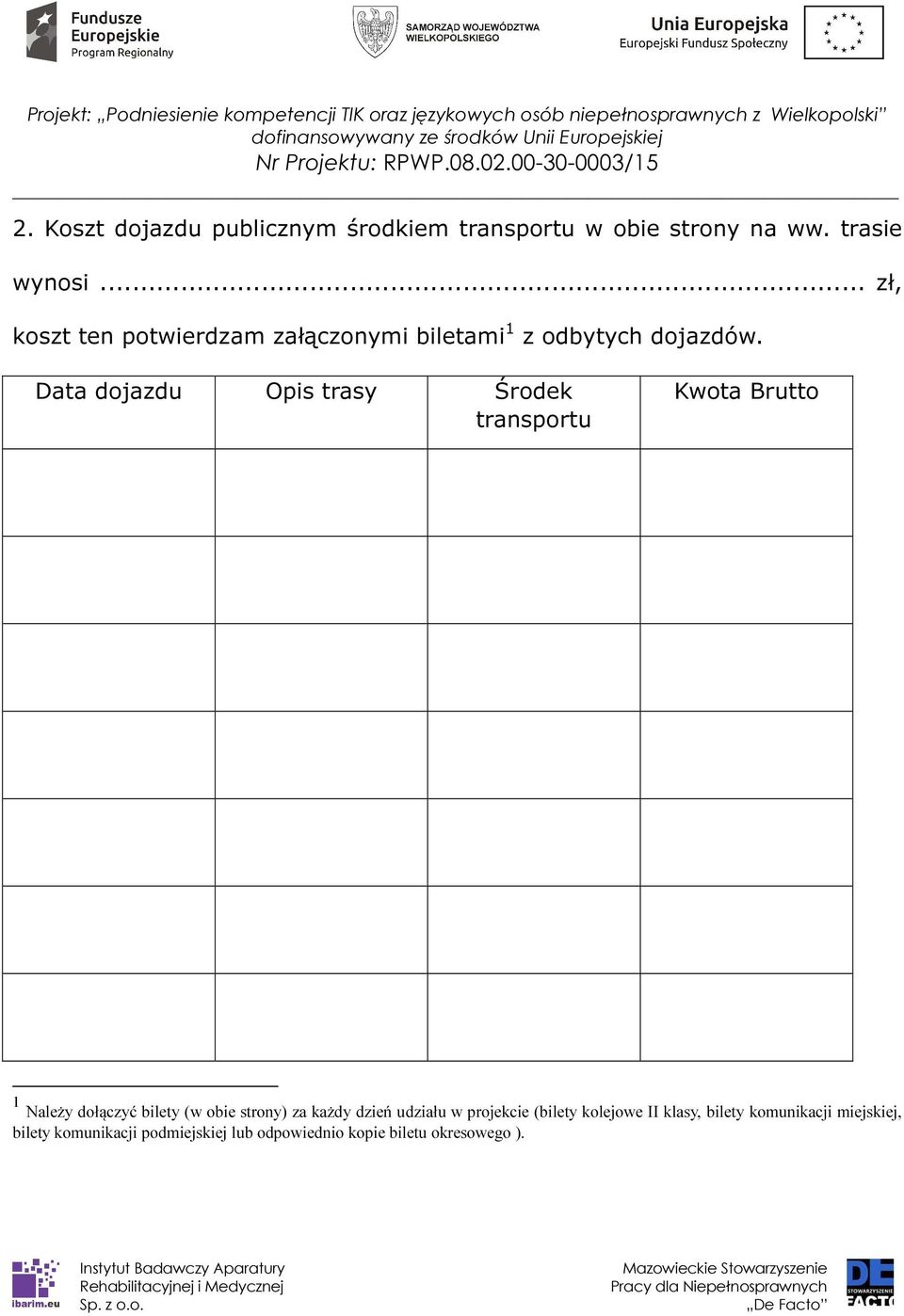 Data dojazdu Opis trasy Środek transportu Kwota Brutto 1 Należy dołączyć bilety (w obie strony) za każdy