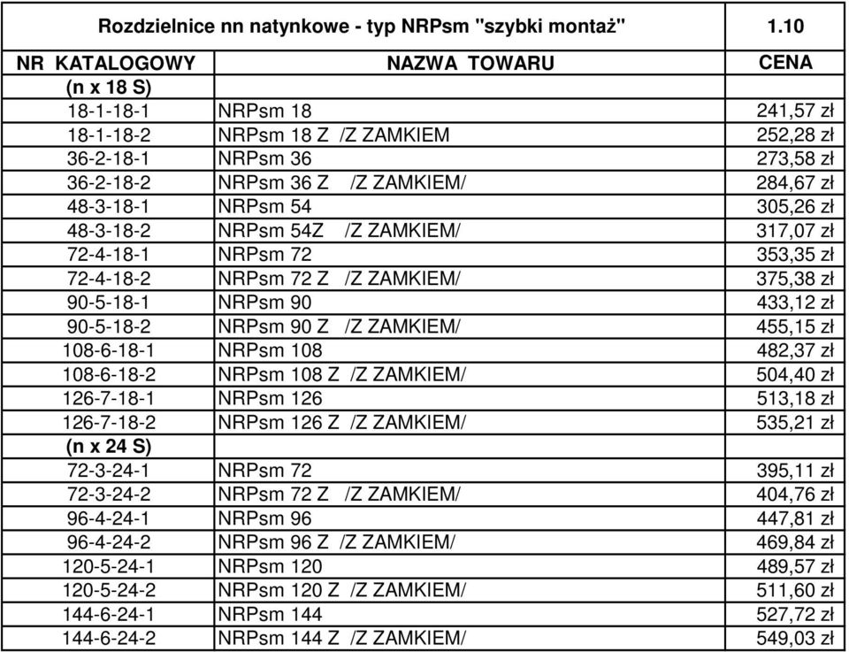 NRPsm 54 305,26 zł 48-3-18-2 NRPsm 54Z /Z ZAMKIEM/ 317,07 zł 72-4-18-1 NRPsm 72 353,35 zł 72-4-18-2 NRPsm 72 Z /Z ZAMKIEM/ 375,38 zł 90-5-18-1 NRPsm 90 433,12 zł 90-5-18-2 NRPsm 90 Z /Z ZAMKIEM/