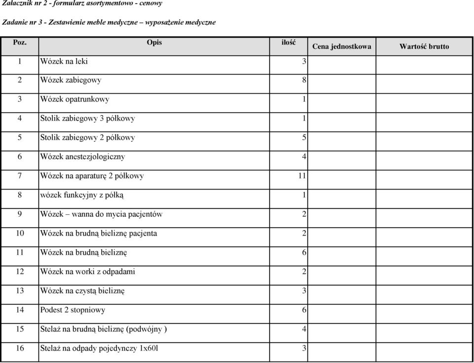 półkowy 5 6 Wózek anestezjologiczny 4 7 Wózek na aparaturę 2 półkowy 11 8 wózek funkcyjny z półką 1 9 Wózek wanna do mycia pacjentów 2 10 Wózek na brudną