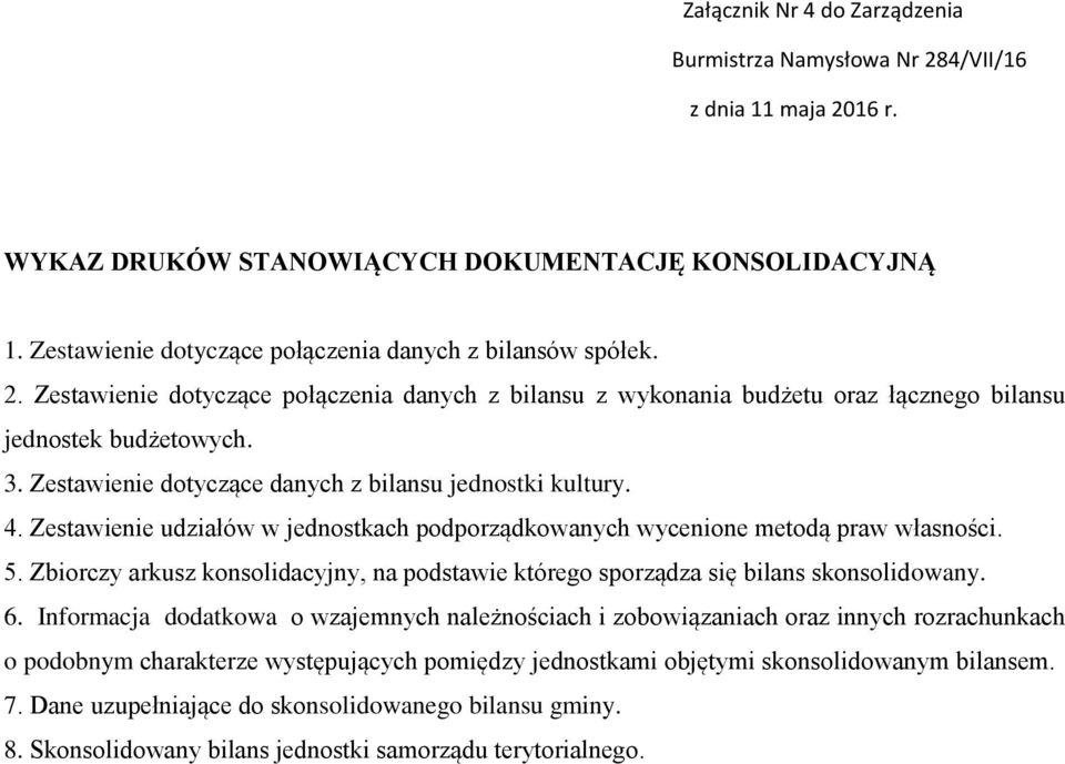 Zestawienie udziałów w jednostkach podporządkowanych wycenione metodą praw własności. 5. Zbiorczy arkusz konsolidacyjny, na podstawie którego sporządza się bilans skonsolidowany. 6.