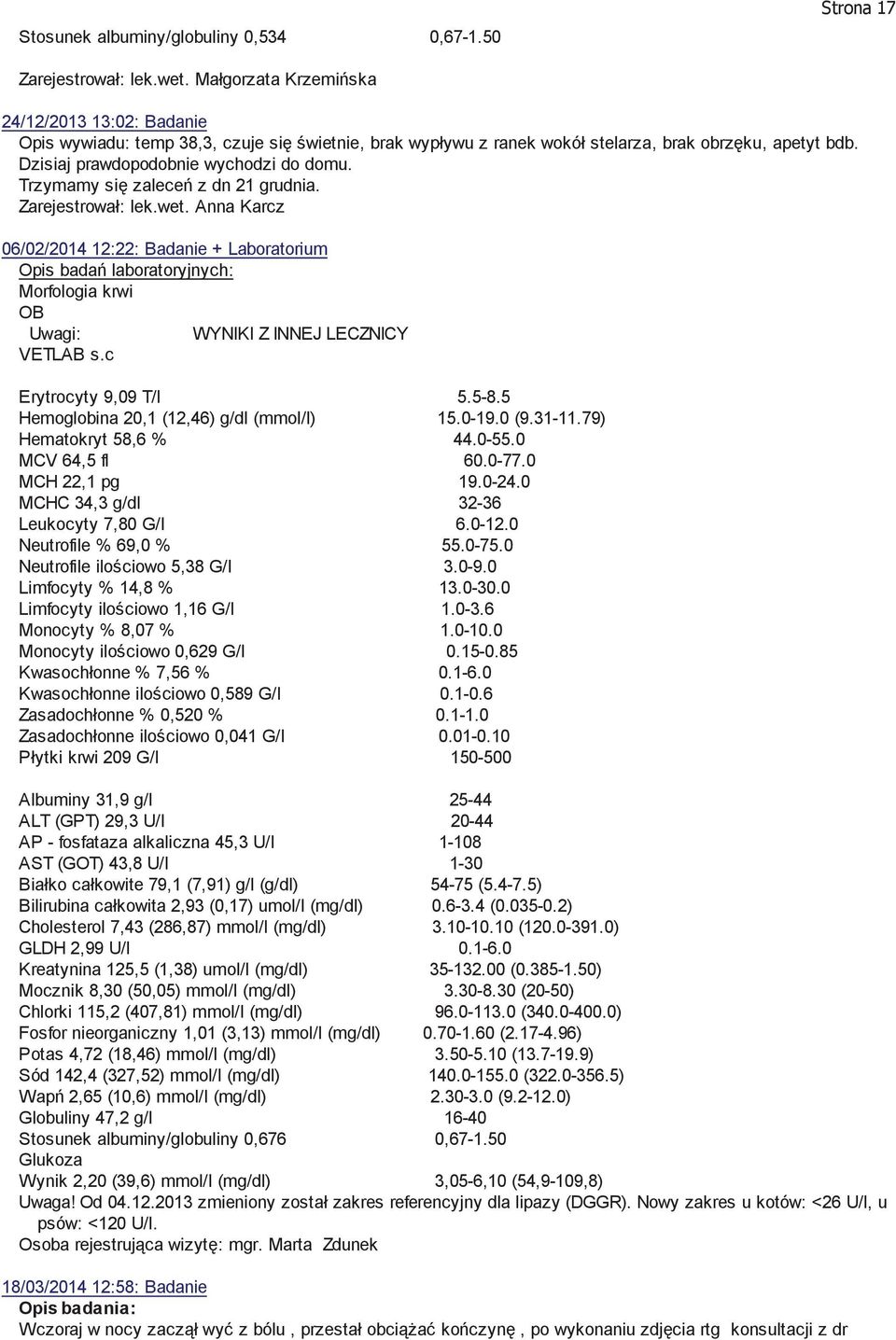 06/02/2014 12:22: Badanie + Laboratorium Opis badań laboratoryjnych: Morfologia krwi OB Uwagi: WYNIKI Z INNEJ LECZNICY VETLAB s.c Erytrocyty 9,09 T/l 5.5-8.5 Hemoglobina 20,1 (12,46) g/dl (mmol/l) 15.