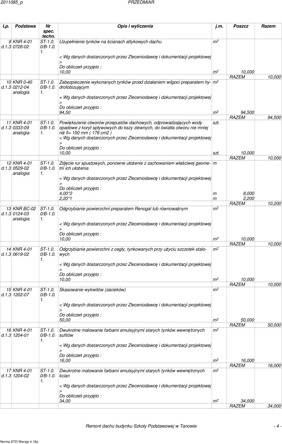 Poszcz Razem Uzupełnienie tynków na ścianach attykowych dachu 10,00 10,000 Zabezpieczenie wykonanych tynków przed działaniem wilgoci preparatem hydrofobizującym RAZEM 10,000 94,50 94,500 RAZEM 94,500