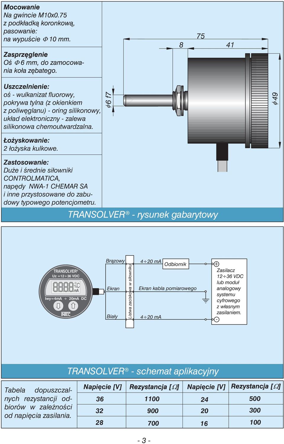 TRANSOLVER - rysunek gabarytowy TRANSOLVER Uz =12 36 VDC %C Iwy=4mA 20mA DC Brązowy Ekran Biały Listwa zaciskowa w siłowniku 4 20 ma Odbiornik Ekran kabla pomiarowego 4 20 ma + Zasilacz 12 36 VDC