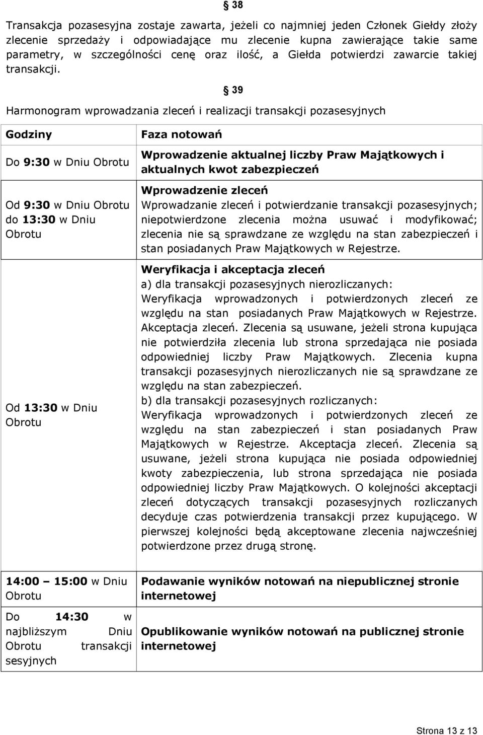 39 Harmonogram wprowadzania zleceń i realizacji transakcji pozasesyjnych Godziny Do 9:30 w Dniu Obrotu Od 9:30 w Dniu Obrotu do 13:30 w Dniu Obrotu Od 13:30 w Dniu Obrotu Faza notowań Wprowadzenie