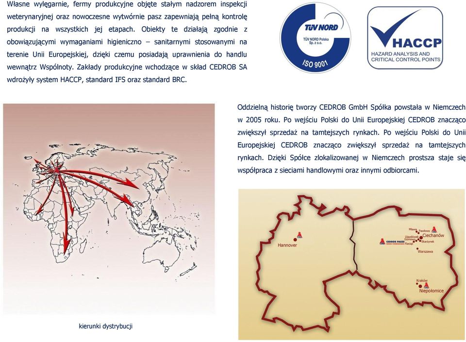 Zakłady produkcyjne wchodzące w skład CEDROB SA wdrożyły system HACCP, standard IFS oraz standard BRC. Oddzielną historię tworzy CEDROB GmbH Spółka powstała w Niemczech w 2005 roku.