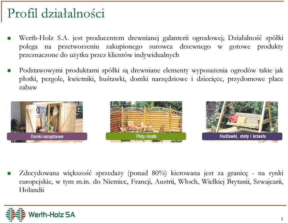 przeznaczone do użytku przez klientów indywidualnych Podstawowymi produktami spółki są drewniane elementy wyposażenia ogrodów takie jak płotki,