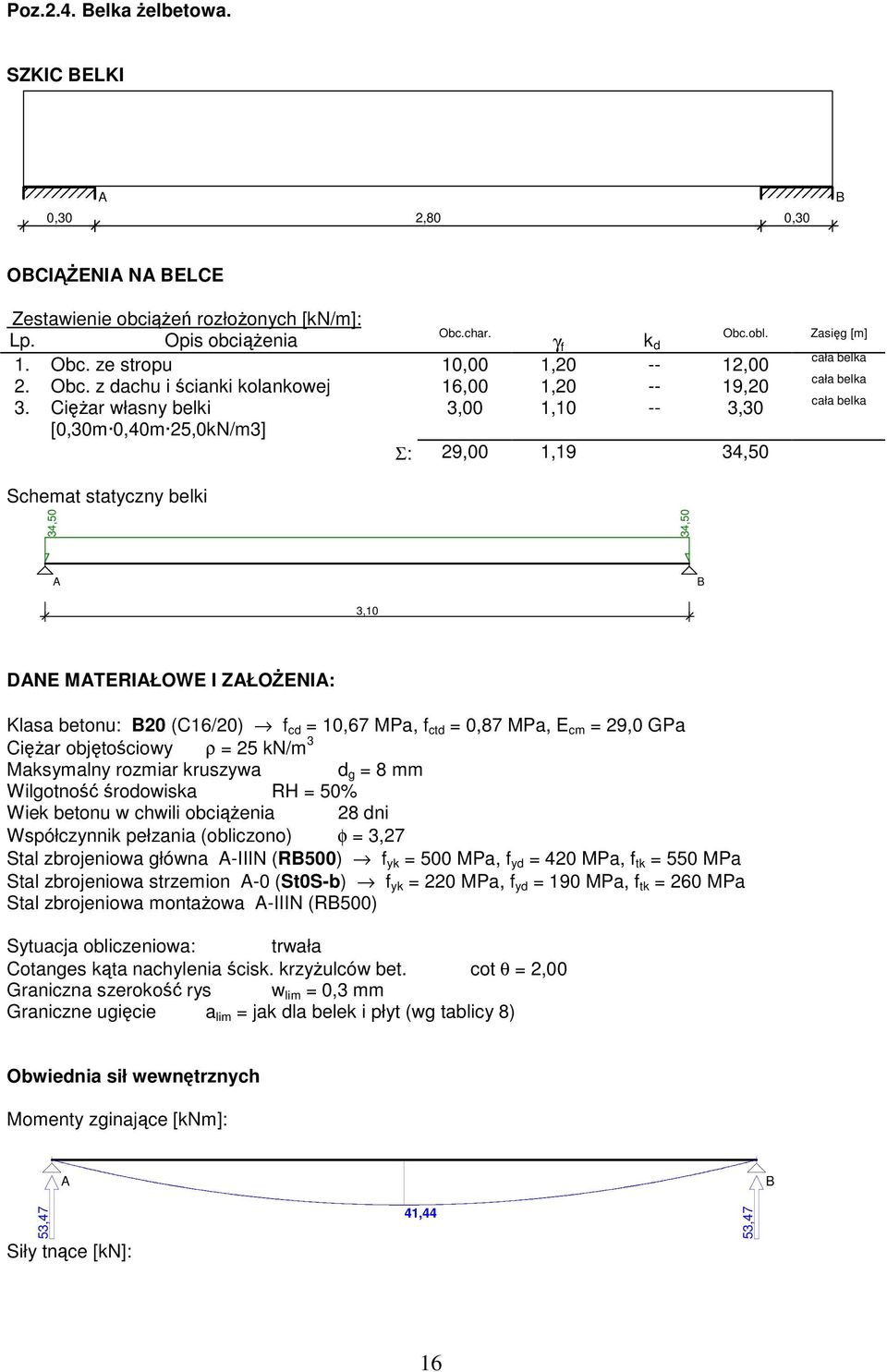 betonu: 20 (C16/20) f cd = 10,67 MPa, f ctd = 0,87 MPa, E cm = 29,0 GPa Ciar objtociowy ρ = 25 kn/m 3 Maksymalny rozmiar kruszywa d g = 8 mm Wilgotno rodowiska RH = 50% Wiek betonu w chwili obcienia