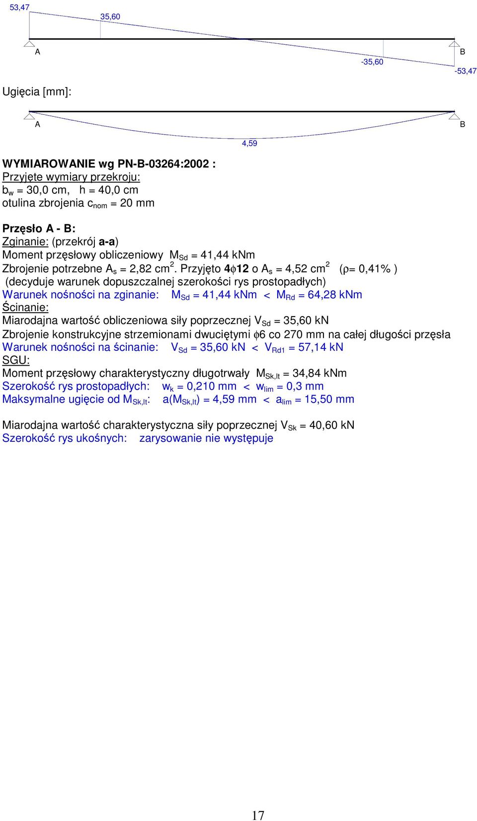 Przyjto 4φ12 o s = 4,52 cm 2 (ρ= 0,41% ) (decyduje warunek dopuszczalnej szerokoci rys prostopadłych) Warunek nonoci na zginanie: M Sd = 41,44 knm < M Rd = 64,28 knm cinanie: Miarodajna warto