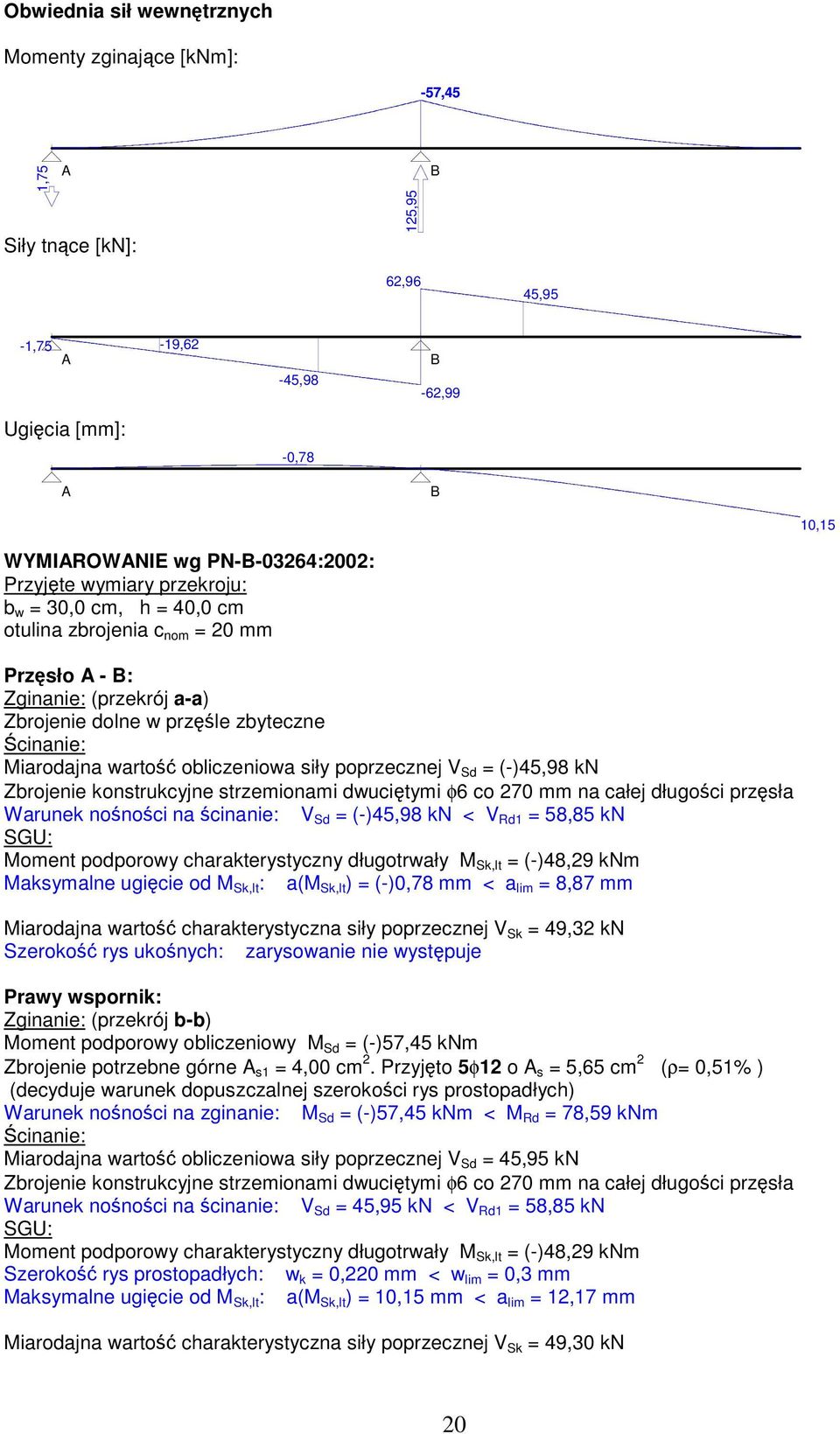 Sd = (-)45,98 kn Zbrojenie konstrukcyjne strzemionami dwucitymi φ6 co 270 mm na całej długoci przsła Warunek nonoci na cinanie: V Sd = (-)45,98 kn < V Rd1 = 58,85 kn SGU: Moment podporowy