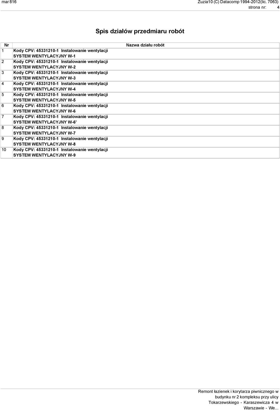 WENTYLACYJNY W-5 6 Kody CPV: 45331210-1 Instalowanie wentylacji SYSTEM WENTYLACYJNY W-6 7 Kody CPV: 45331210-1 Instalowanie wentylacji SYSTEM WENTYLACYJNY W-6' 8 Kody CPV: 45331210-1