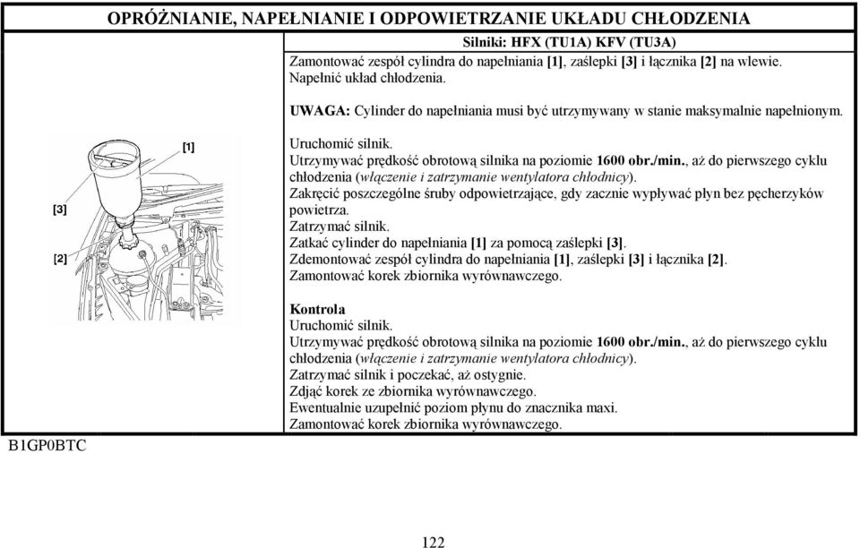 , aŝ do pierwszego cyklu chłodzenia (włączenie i zatrzymanie wentylatora chłodnicy). Zakręcić poszczególne śruby odpowietrzające, gdy zacznie wypływać płyn bez pęcherzyków powietrza. Zatrzymać silnik.