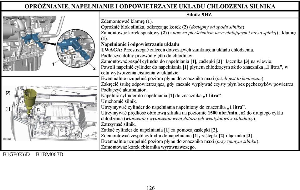 Napełnianie i odpowietrzanie układu UWAGA: Przestrzegać zaleceń dotyczących zamknięcia układu chłodzenia. Podłączyć dolny przewód giętki do chłodnicy.