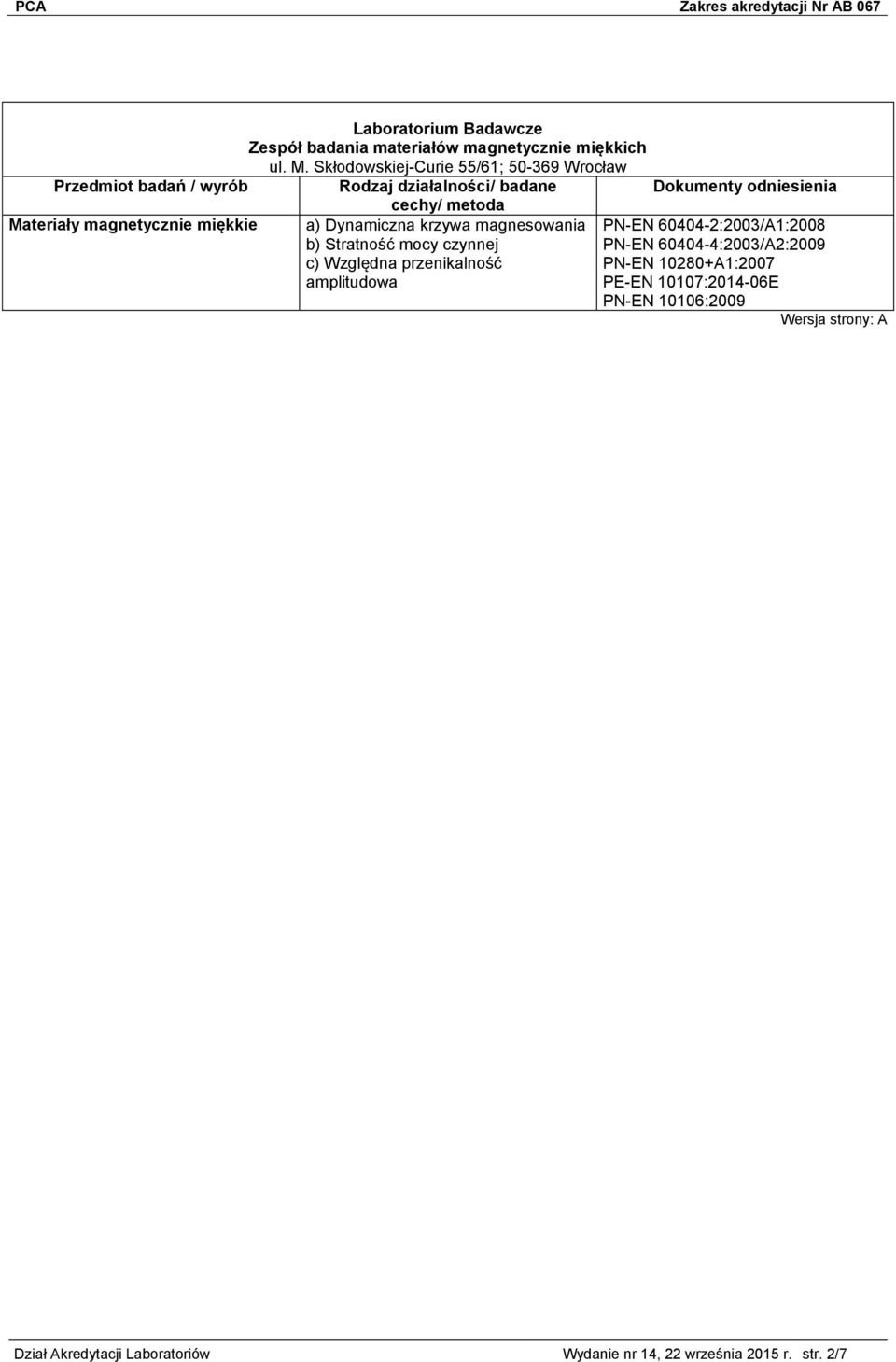 amplitudowa PN-EN 60404-2:2003/A1:2008 PN-EN 60404-4:2003/A2:2009 PN-EN 10280+A1:2007