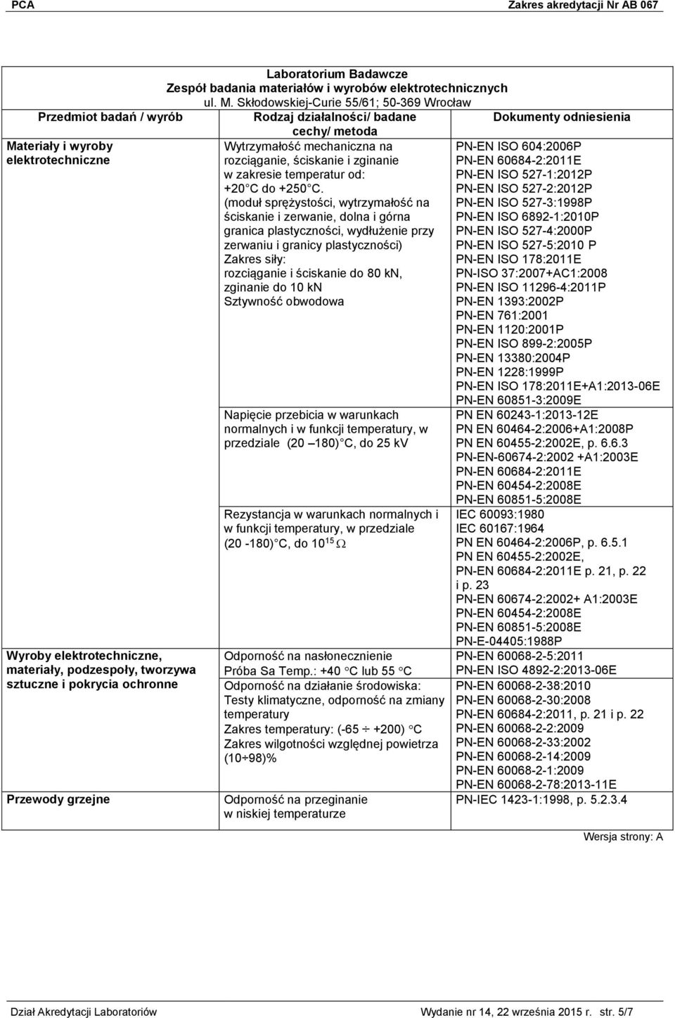 (moduł sprężystości, wytrzymałość na ściskanie i zerwanie, dolna i górna granica plastyczności, wydłużenie przy zerwaniu i granicy plastyczności) Zakres siły: rozciąganie i ściskanie do 80 kn,