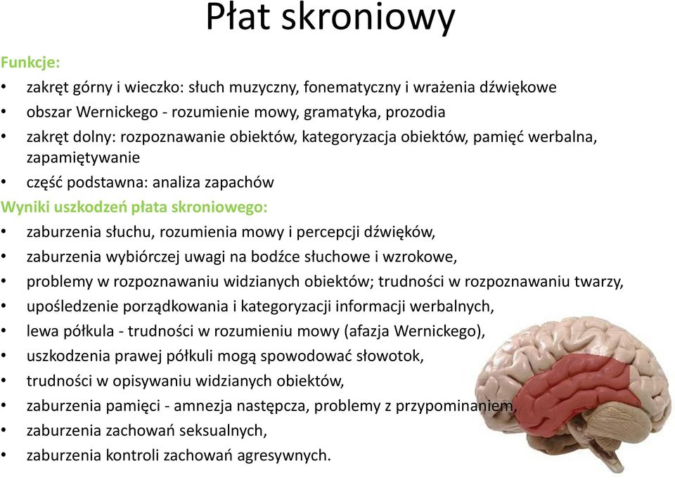 wybiórczej uwagi na bodźce słuchowe i wzrokowe, problemy w rozpoznawaniu widzianych obiektów; trudności w rozpoznawaniu twarzy, upośledzenie porządkowania i kategoryzacji informacji werbalnych, lewa