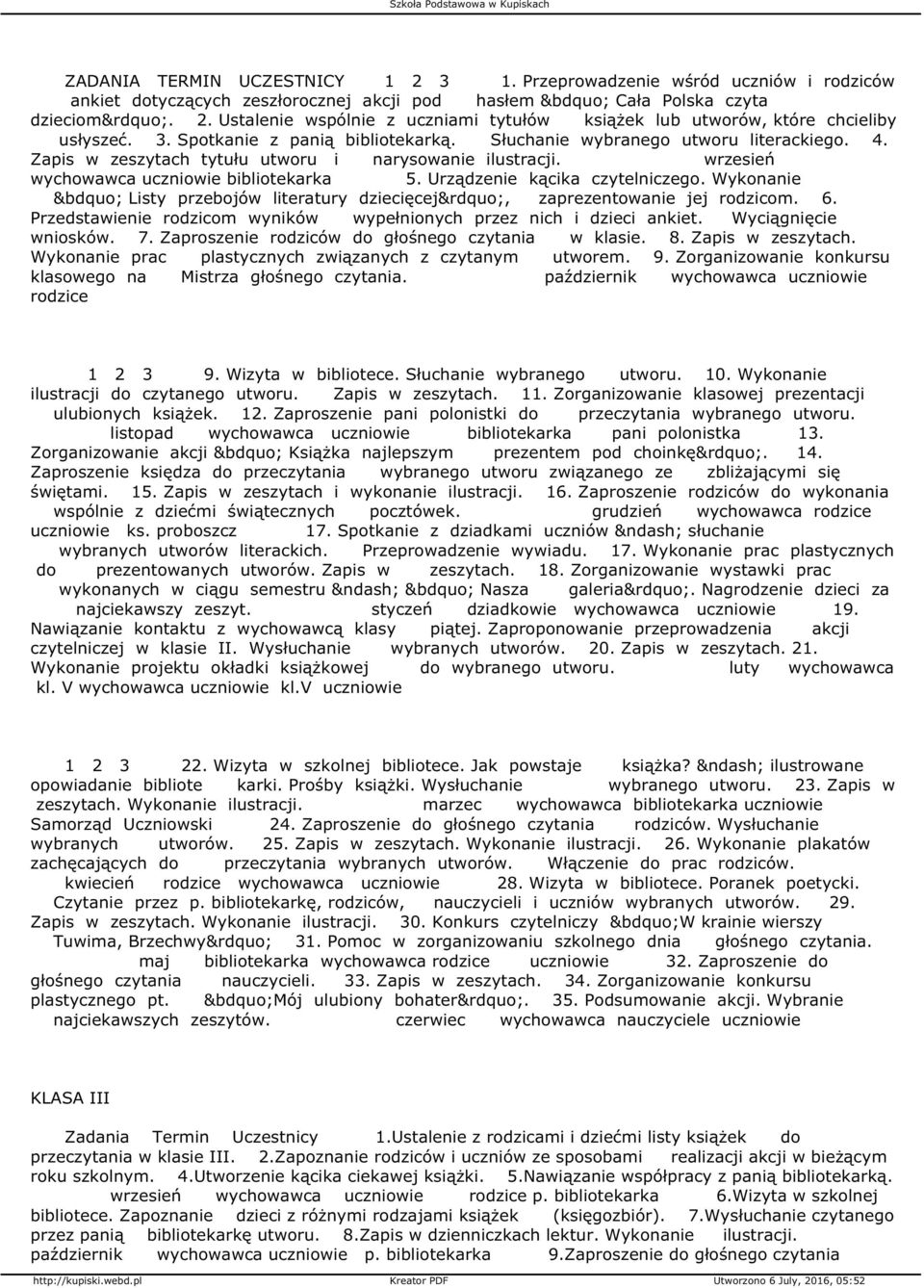 Urządzenie kącika czytelniczego. Wykonanie Listy przebojów literatury dziecięcej, zaprezentowanie jej rodzicom. 6. Przedstawienie rodzicom wyników wypełnionych przez nich i dzieci ankiet.